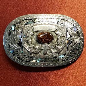 Brown Gemstone Abalone Inlay Alpaca Mexico Belt Buckle